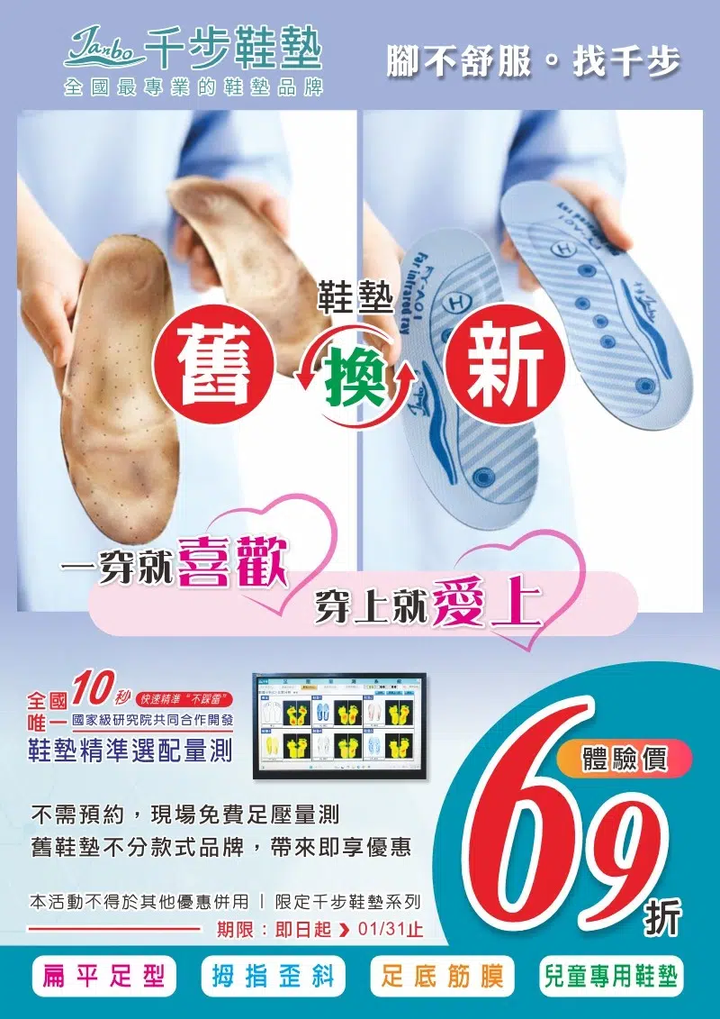 鞋墊舊換新69折優惠【1/29-01/31止.現省31%】 鞋墊舊換新69折優惠【1/29-01/31止.現省31%】