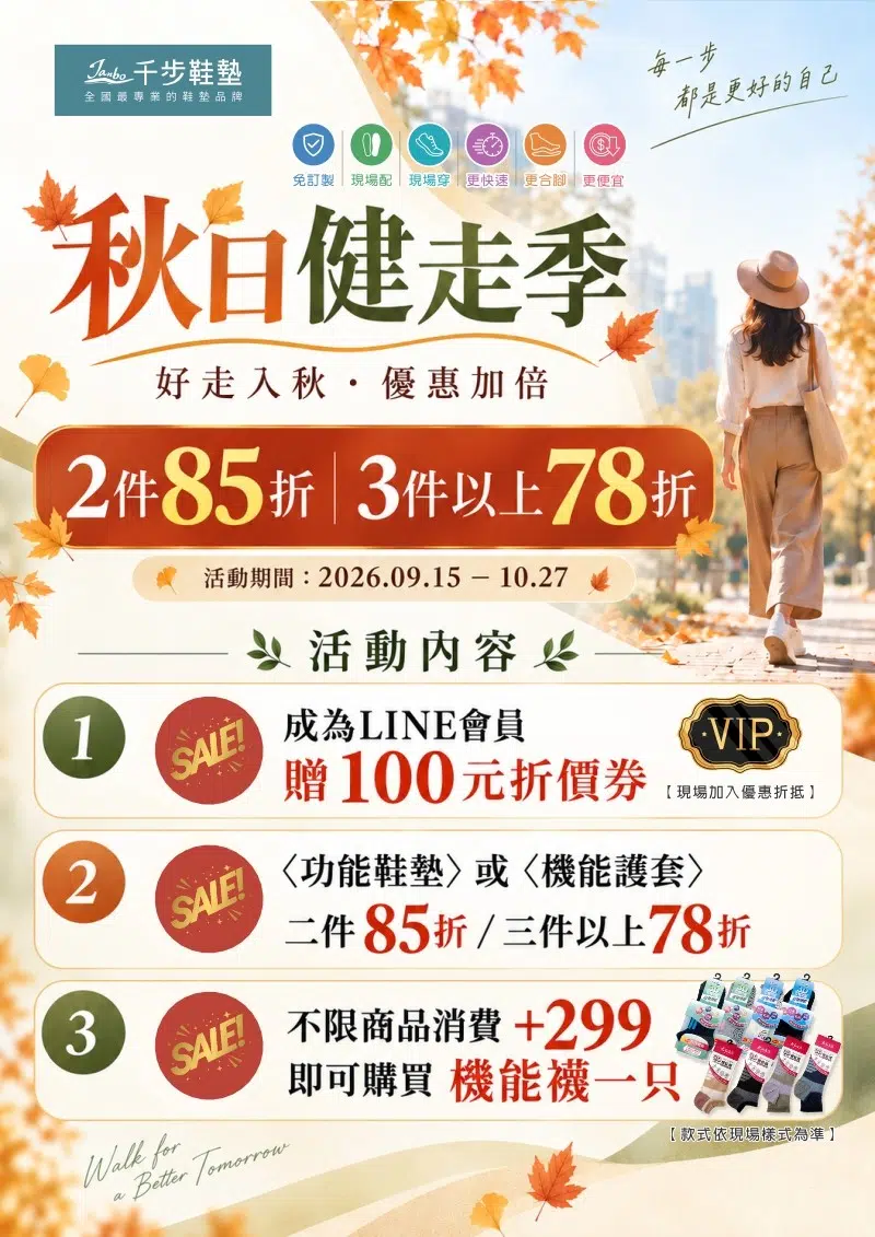 千步專業鞋墊 夏末優惠 不需預約 免費檢測 秋日健走季。機能鞋墊 | 機能護套 第二件85折。消費加購回饋"機能襪"【即日起-10/27止】