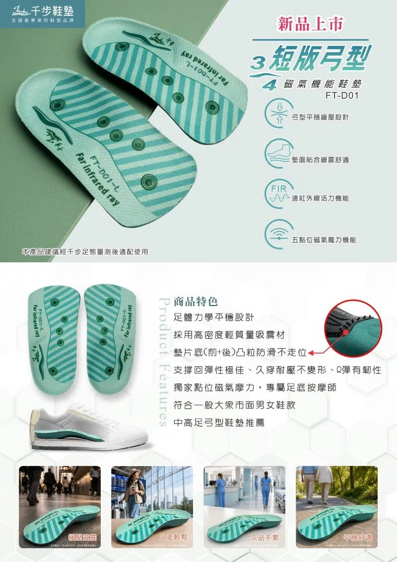 千步專業鞋墊 | 高足弓鞋墊推薦 | 鞋墊品牌推薦 | 全國最具權威的信賴 2026新品上市-首款3/4短版弓型磁氣機能款-足弓鞋墊推薦款【FT-D01】